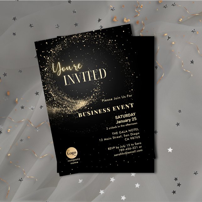 Convite Elegante Glitter Black e Dourado evento comercial (Elegant Glitter Black and Gold Business Event Invitation )
