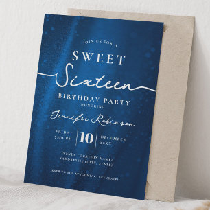 Convite Elegante Glitter Chic Doce 16 Aniversário Azul Mar