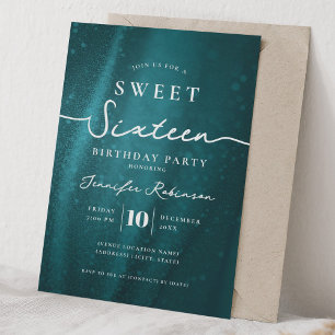 Convite Elegante Glitter Chic Doce 16 Aniversário Turquesa