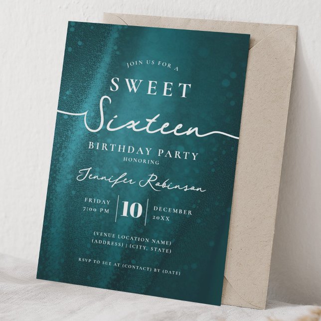 Convite Elegante Glitter Chic Doce 16 Aniversário Turquesa (Elegant Chic Glitter Sweet 16 Birthday Turquoise Invitation)