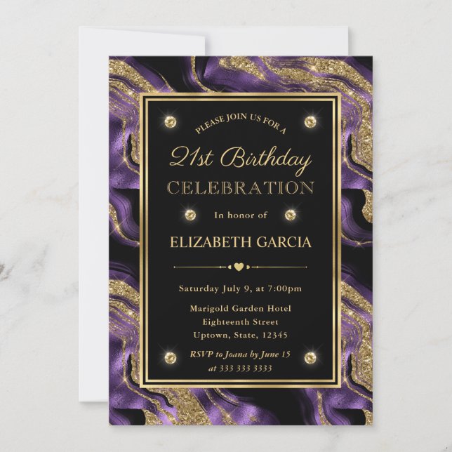 Convite Elegante Glitter de Ágata Roxo e Dourado Aniversár (Frente)