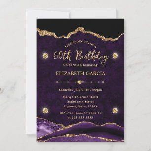 Convite Elegante Glitter de Ágata Roxo e Dourado para 60º