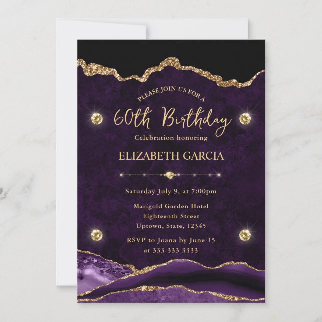 Convite Elegante Glitter de Ágata Roxo e Dourado para 60º  (Frente)