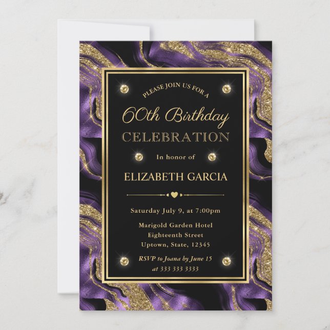 Convite Elegante Glitter de Ágata Roxo e Dourado para 60º  (Frente)