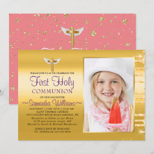 Convite Elegante Glitter Dourado Coloca Foto Primeira Comu