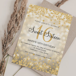 Convite Elegante Glitter Dourado & Luzes Aniversário de 16