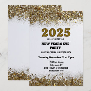 Convite Elegante Glitter Dourado Réveillon branco 2025