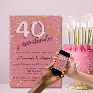 Convite Elegante Glitter Dourado Rosa 40º Aniversário Espa