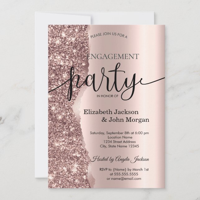 Convite Elegante Glitter Dourado Rosa Script Compromisso  (Frente)