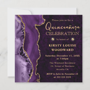 Convite Elegante Glitter Dourado Roxo Quinceanera Ágata