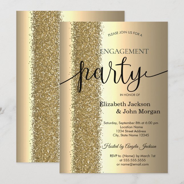 Convite Elegante Glitter Dourado Script Compromisso   (Frente/Verso)