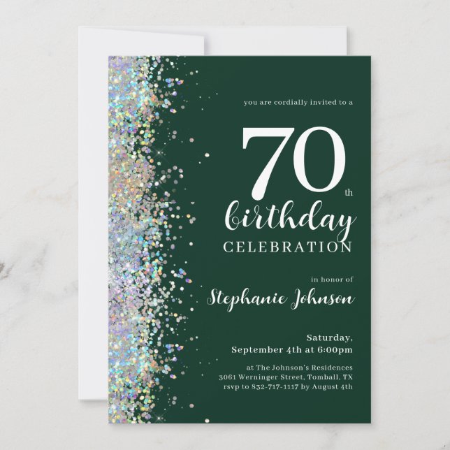 Convite Elegante Glitter Emerald Green 70 Birthday (Frente)