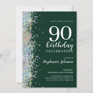 Convite Elegante Glitter Emerald Green 90 Birthday