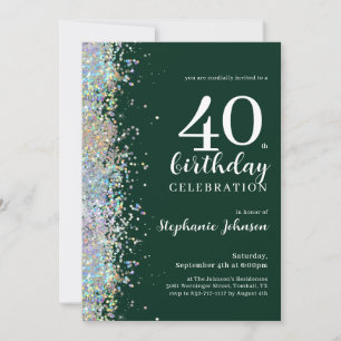 Convite Elegante Glitter Emerald Green aniversário de 40 a
