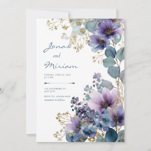 Convite Elegante Glitter Floral Eucalipto Roxo Dourado