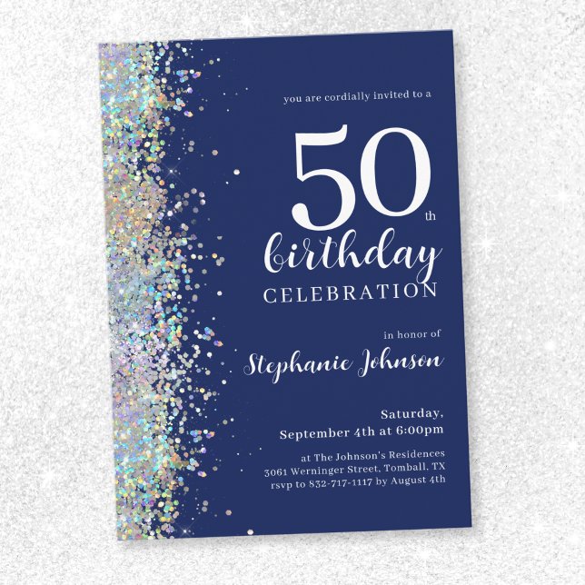 Convite Elegante Glitter Marinho 50º Aniversário (Elegant Glitter Navy 50th Birthday Invitation)