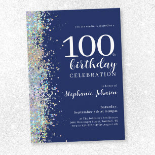Convite Elegante Glitter Marinho Azul 100º aniversário