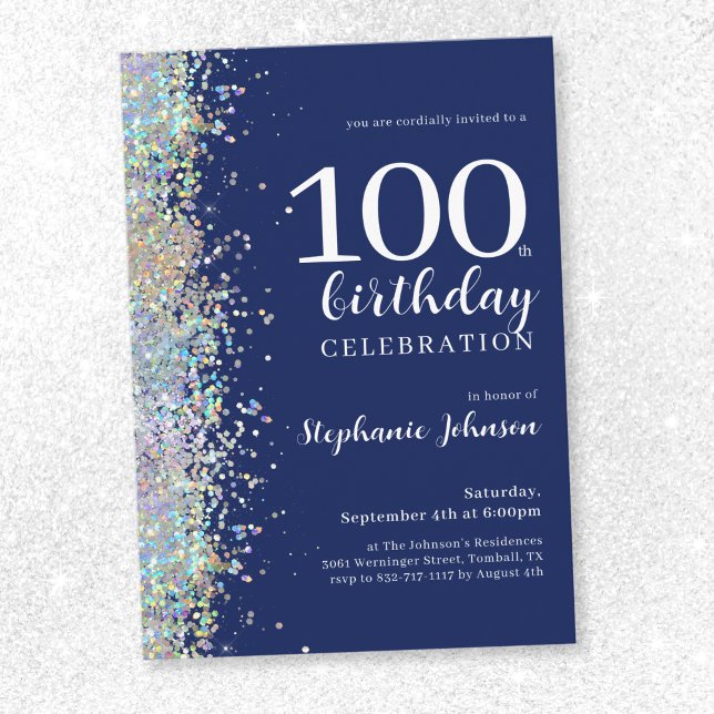 Convite Elegante Glitter Marinho Azul 100º aniversário (Elegant Glitter Navy Blue 100th Birthday Invitation)