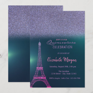 Convite Elegante Glitter Ombre, Eiffel Tower Quinceanera