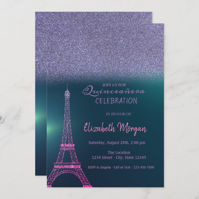 Convite Elegante Glitter Ombre, Torre Eiffel Quinceanera (Frente/Verso)