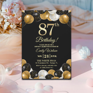 Convite Elegante Glitter Preto Dourado 87º Aniversário 