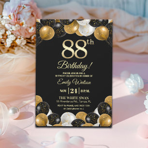 Convite Elegante Glitter Preto Dourado 88º Aniversário 