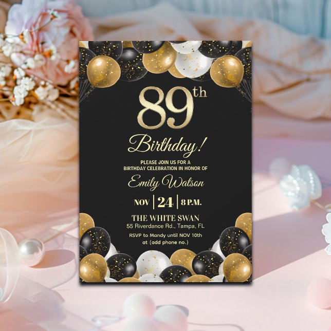 Convite Elegante Glitter Preto Dourado Aniversário de 89 a (Criador carregado)