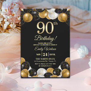 Convite Elegante Glitter Preto Dourado Aniversário de 90 a