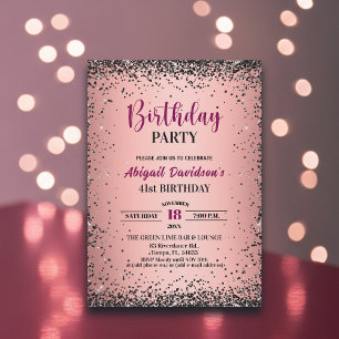 Convite Elegante Glitter Preto Metálico Rosa Aniversário d