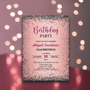 Convite Elegante Glitter Preto Metálico Rosa Aniversário d