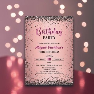 Convite Elegante Glitter Preto Metálico Rosa Aniversário d