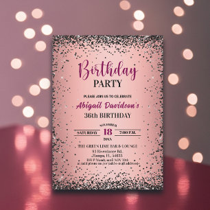 Convite Elegante Glitter Preto Metálico Rosa Aniversário d