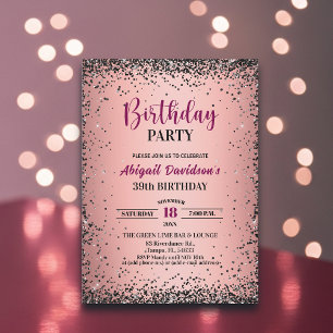 Convite Elegante Glitter Preto Metálico Rosa Aniversário d