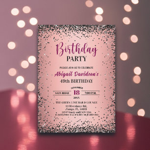 Convite Elegante Glitter Preto Metálico Rosa Aniversário d