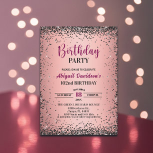 Convite Elegante Glitter Preto Metálico Rosa Aniversário d