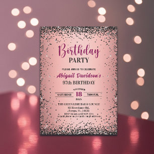 Convite Elegante Glitter Preto Metálico Rosa Aniversário d