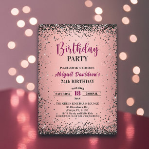 Convite Elegante Glitter Preto Metálico Rosa Aniversário d