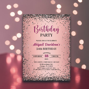 Convite Elegante Glitter Preto Metálico Rosa Aniversário d