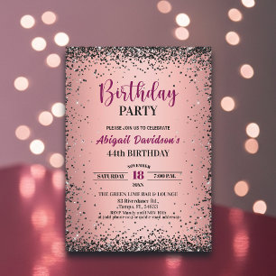 Convite Elegante Glitter Preto Metálico Rosa Aniversário d
