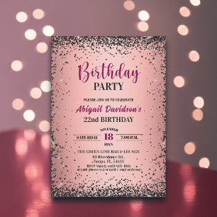 Convite Elegante Glitter Preto Metálico Rosa Aniversário d