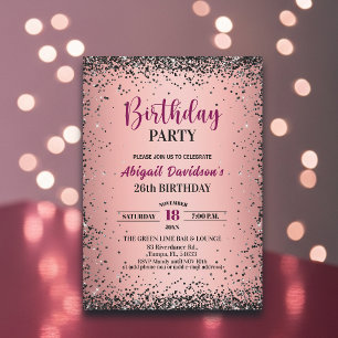 Convite Elegante Glitter Preto Metálico Rosa Aniversário d