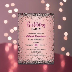 Convite Elegante Glitter Preto Metálico Rosa Aniversário d