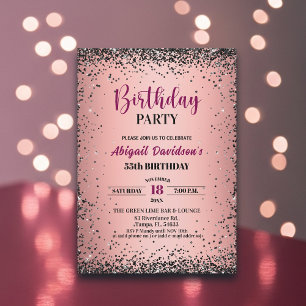 Convite Elegante Glitter Preto Metálico Rosa Aniversário d