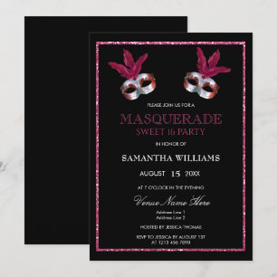 Convite Elegante Glitter Rosa Máscara Sweet 16