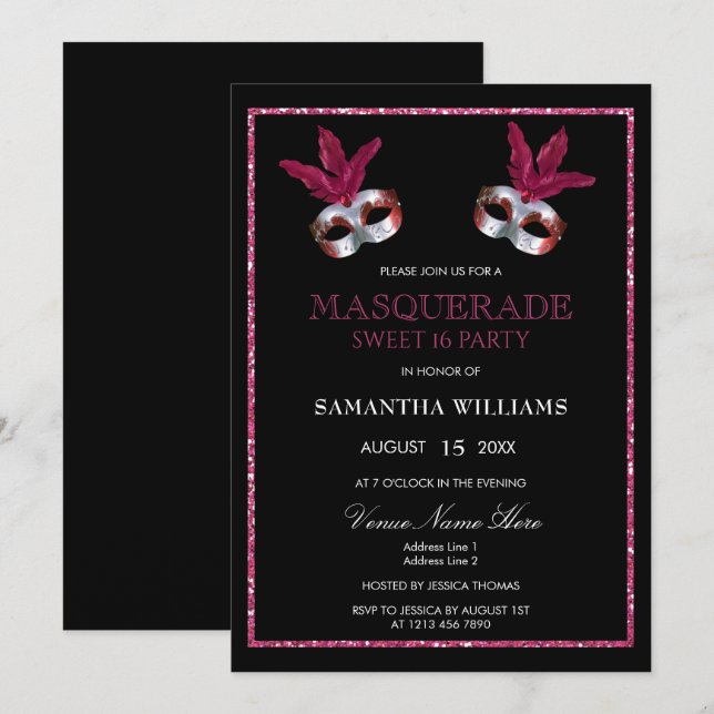 Convite Elegante Glitter Rosa Máscara Sweet 16 (Frente/Verso)