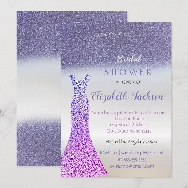 Convite Elegante Glitter Roxo Bokeh, Vestido Chá de Noiva (Frente/Verso)