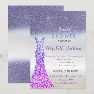 Convite Elegante Glitter Roxo Bokeh, Vestido Chá de Noiva