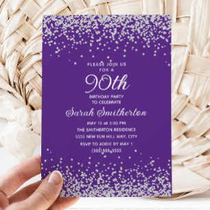 Convite Elegante Glitter Roxo Prata Aniversário de 90 Anos