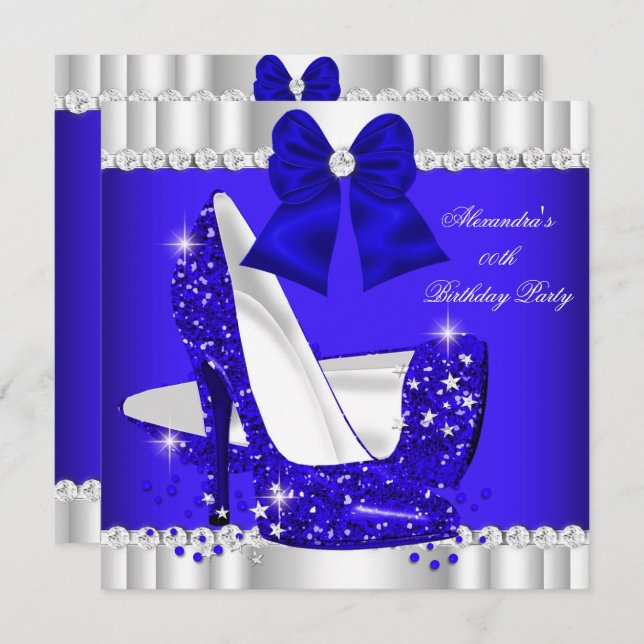 Convite Elegante Glitter Royal Blue Silver High Heel (Frente/Verso)
