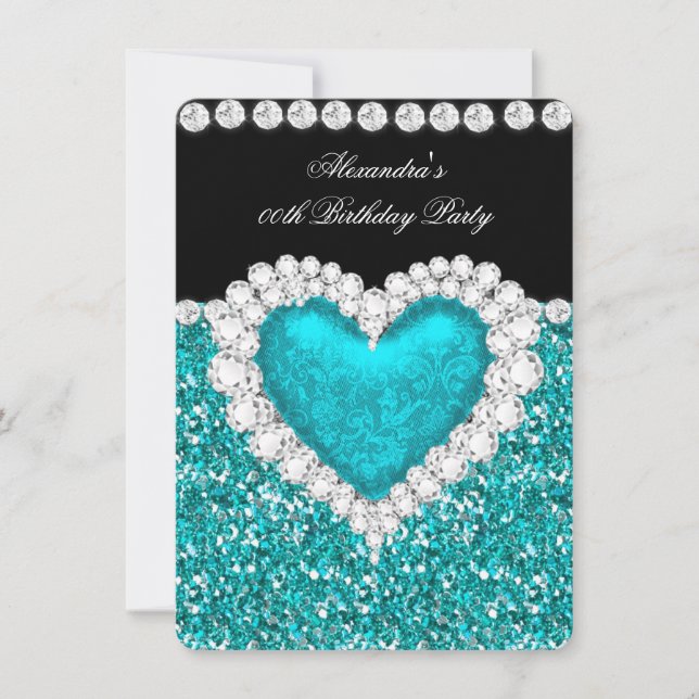 Convite Elegante Glitter Teal Blue Heart Aniversário 2 (Frente)
